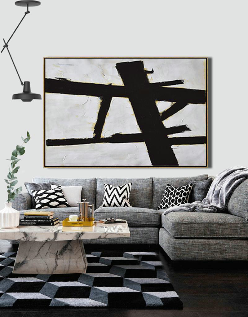 Abstract Art Decor,Contemporary Painting,Horizontal Palette Knife Minimal Canvas Art Painting Black White Beige - Custom Oil Painting